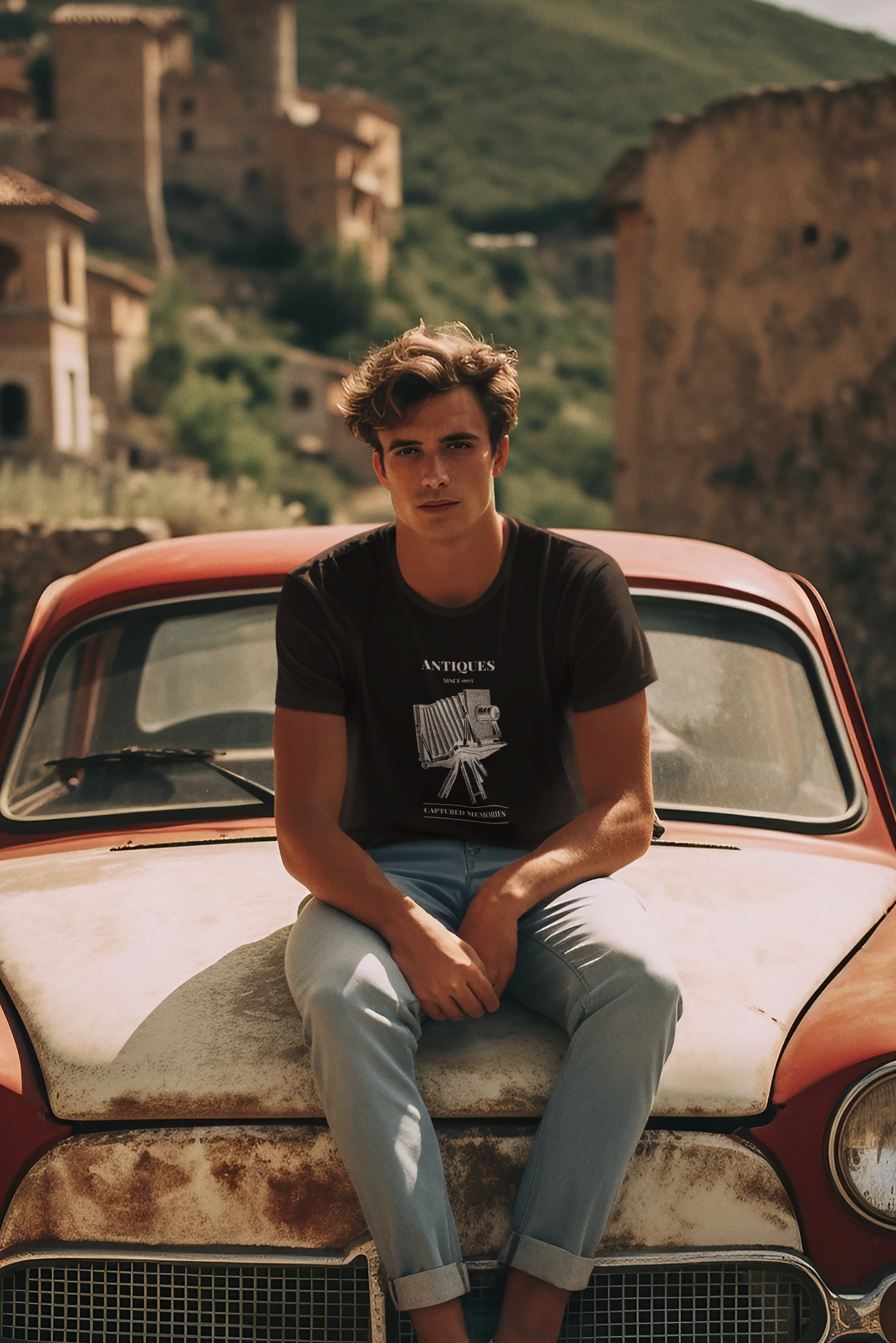 vintage-mockup-of-a-man-wearing-a-t-shirt-while-sitting-on-an-old-car-m39525.png